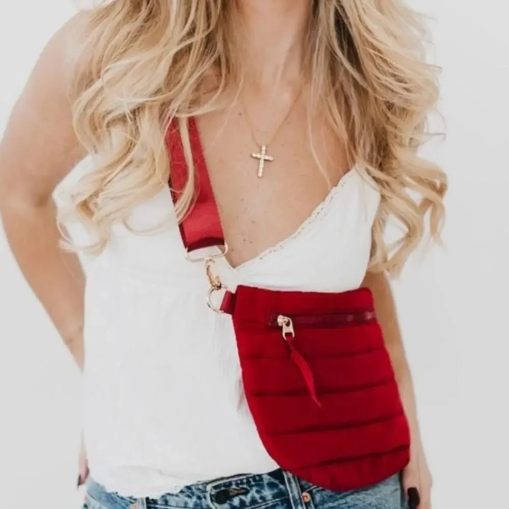 Crimson Red Quilted Puffer Crossbody Bag | Belt Bag | Sling | 3-Way Wear